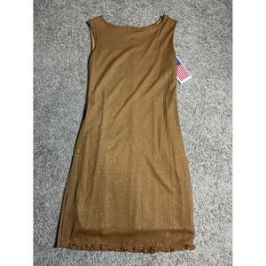 S.H.E. Womens Brown Glitter Mesh Sleeveless Sheath Dress Lettuce Hem XS NWT